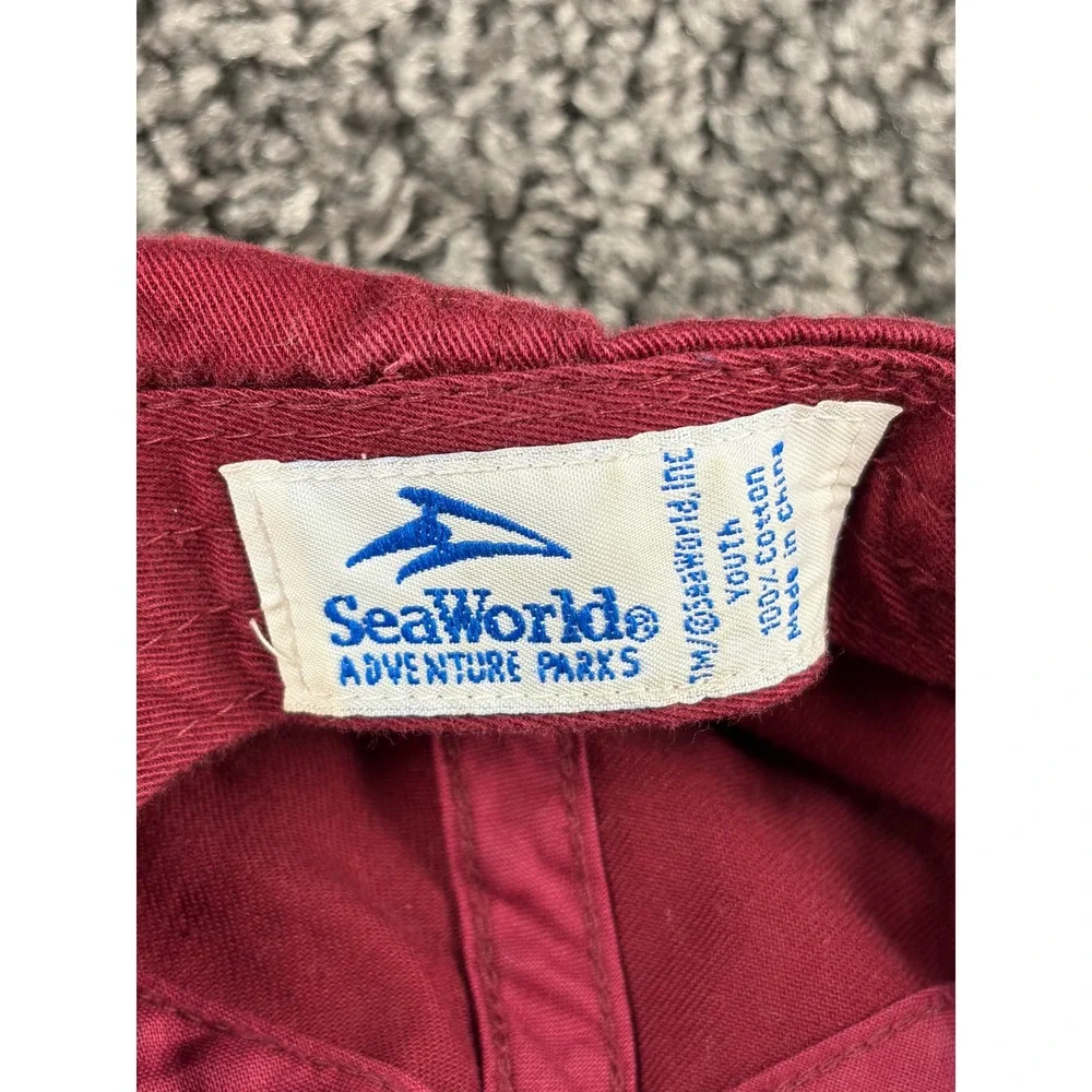 Vintage 90s SeaWorld Shamu Orca Hat Kids Youth Burgundy Black Baseball Cap
